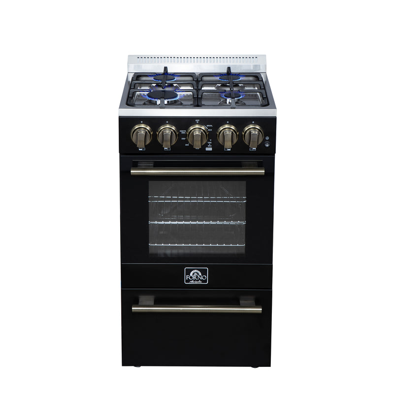 Forno Lamazze 20" Freestanding Gas Range in Black, 4 Sealed Burners, Cast-Iron Grates, with Antique Brass Handles, FFSGS6265-20BLK