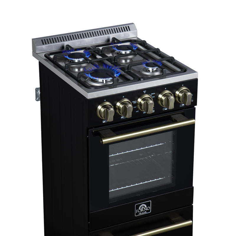 Forno Lamazze 20" Freestanding Gas Range in Black, 4 Sealed Burners, Cast-Iron Grates, with Antique Brass Handles, FFSGS6265-20BLK