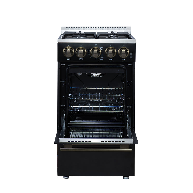 Forno Lamazze 20" Freestanding Gas Range in Black, 4 Sealed Burners, Cast-Iron Grates, with Antique Brass Handles, FFSGS6265-20BLK