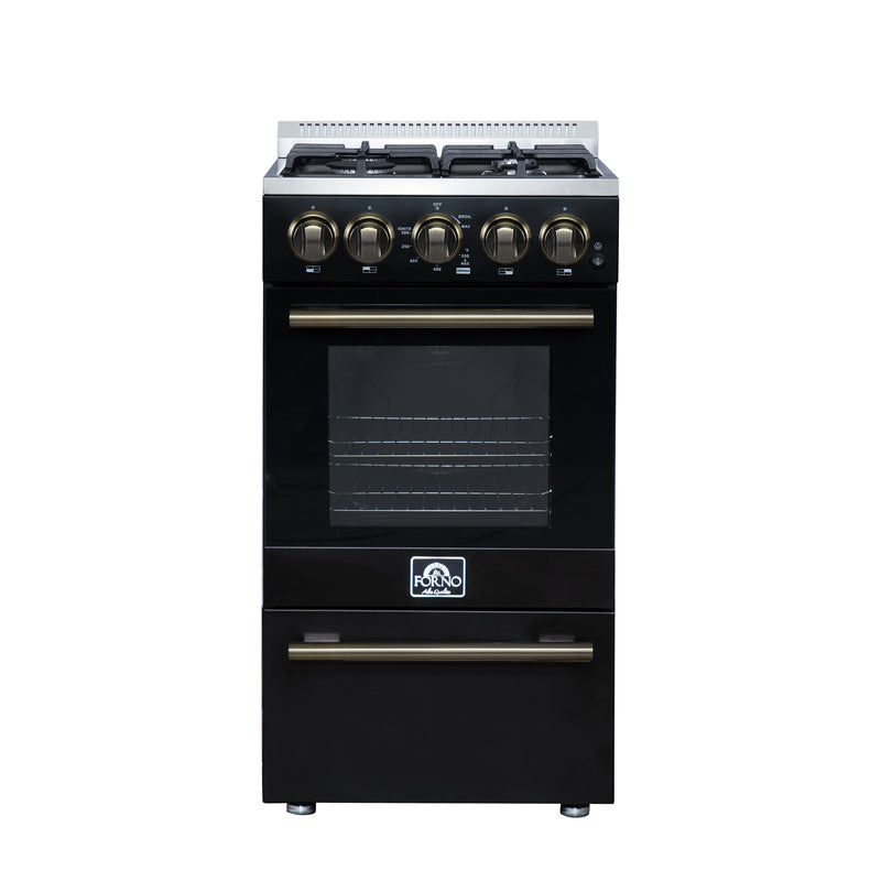 Forno Lamazze 20" Freestanding Gas Range in Black, 4 Sealed Burners, Cast-Iron Grates, with Antique Brass Handles, FFSGS6265-20BLK
