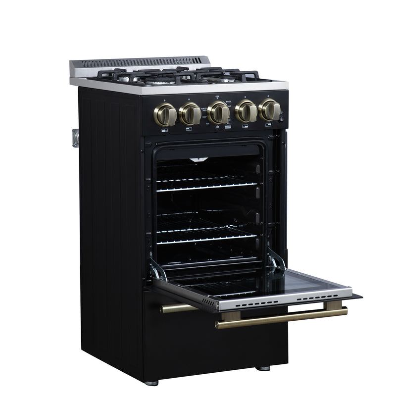 Forno Lamazze 20" Freestanding Gas Range in Black, 4 Sealed Burners, Cast-Iron Grates, with Antique Brass Handles, FFSGS6265-20BLK