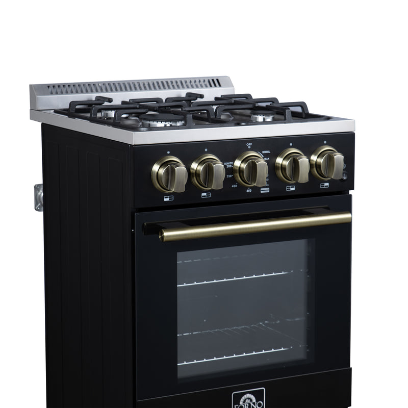 Forno Lamazze 20" Freestanding Gas Range in Black, 4 Sealed Burners, Cast-Iron Grates, with Antique Brass Handles, FFSGS6265-20BLK