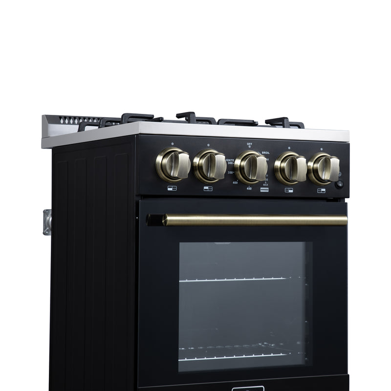 Forno Lamazze 20" Freestanding Gas Range in Black, 4 Sealed Burners, Cast-Iron Grates, with Antique Brass Handles, FFSGS6265-20BLK