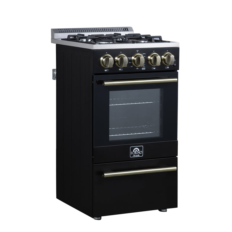 Forno Lamazze 20" Freestanding Gas Range in Black, 4 Sealed Burners, Cast-Iron Grates, with Antique Brass Handles, FFSGS6265-20BLK