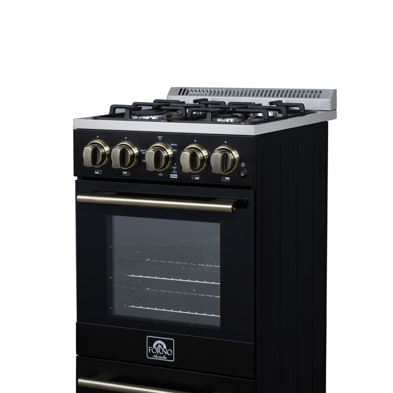 Forno Lamazze 20" Freestanding Gas Range in Black, 4 Sealed Burners, Cast-Iron Grates, with Antique Brass Handles, FFSGS6265-20BLK