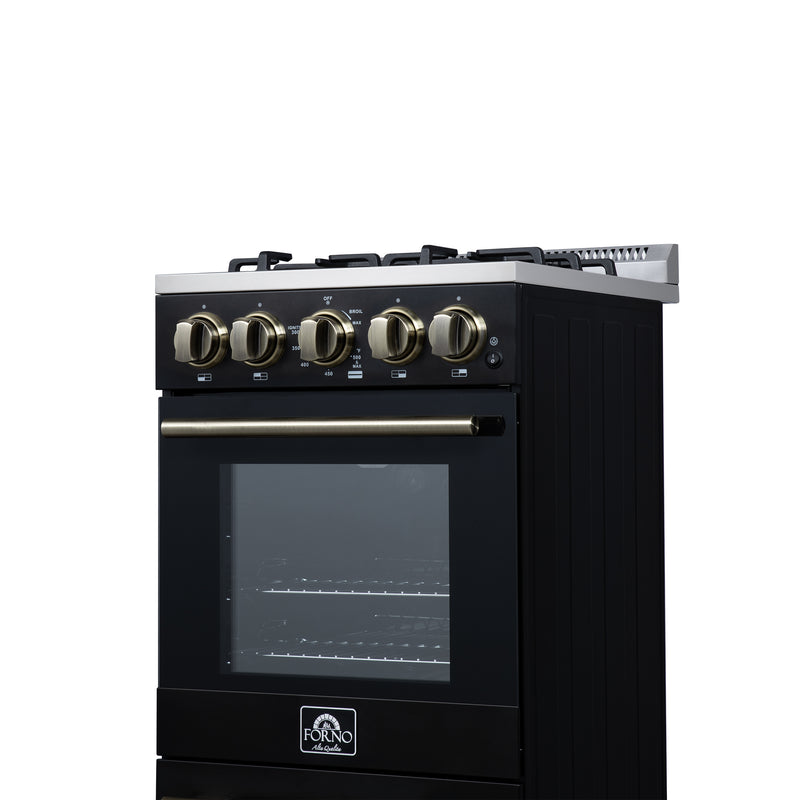 Forno Lamazze 20" Freestanding Gas Range in Black, 4 Sealed Burners, Cast-Iron Grates, with Antique Brass Handles, FFSGS6265-20BLK