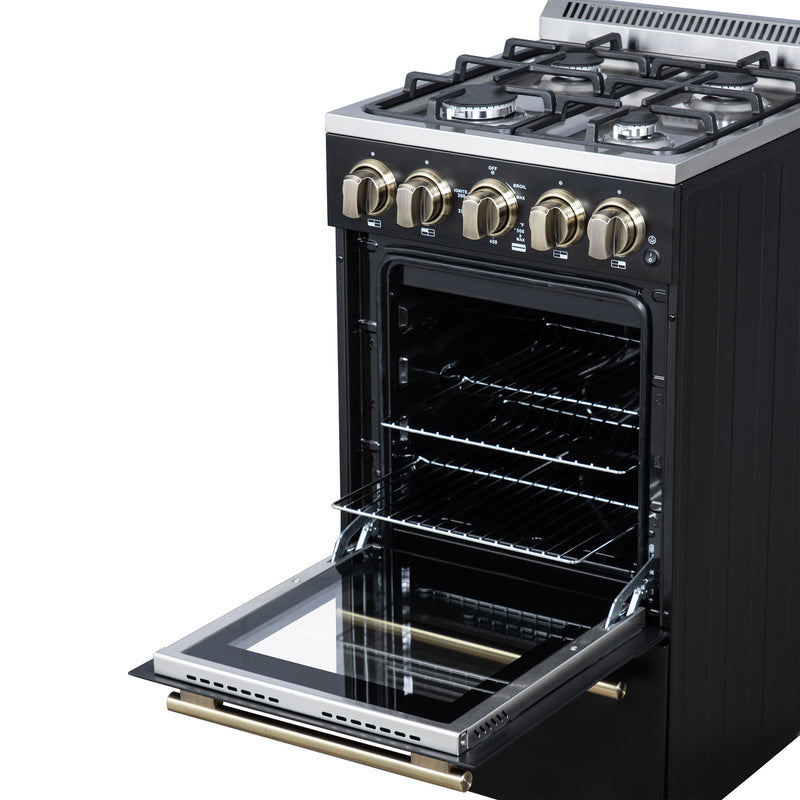Forno Lamazze 20" Freestanding Gas Range in Black, 4 Sealed Burners, Cast-Iron Grates, with Antique Brass Handles, FFSGS6265-20BLK