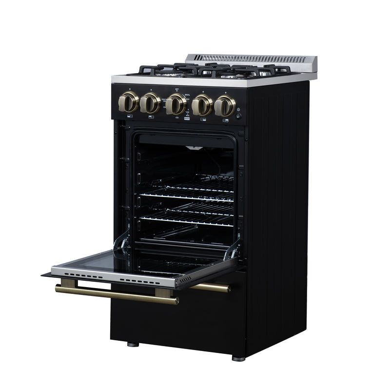 Forno Lamazze 20" Freestanding Gas Range in Black, 4 Sealed Burners, Cast-Iron Grates, with Antique Brass Handles, FFSGS6265-20BLK
