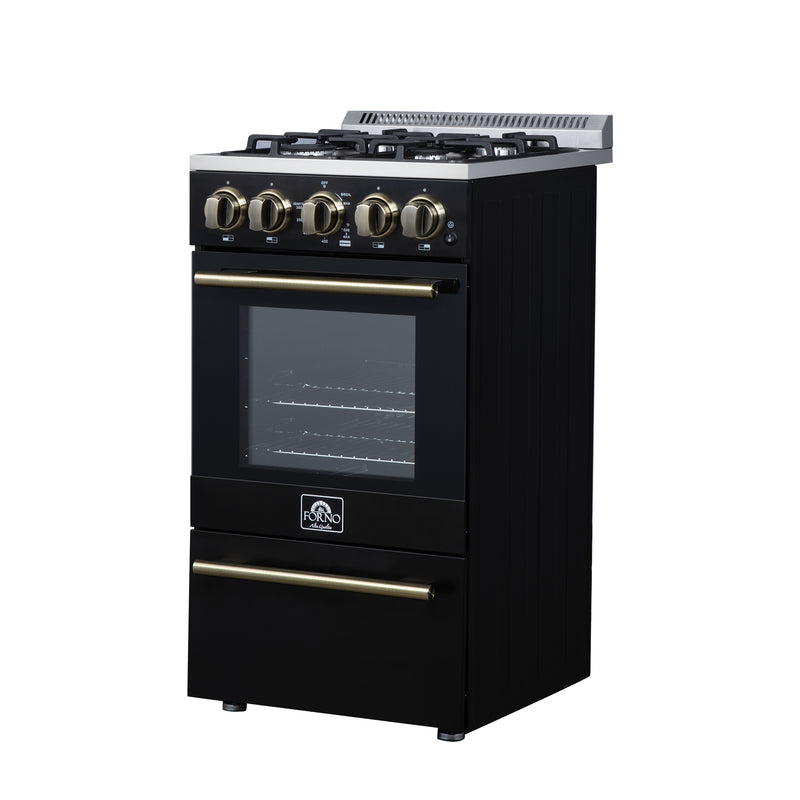Forno Lamazze 20" Freestanding Gas Range in Black, 4 Sealed Burners, Cast-Iron Grates, with Antique Brass Handles, FFSGS6265-20BLK