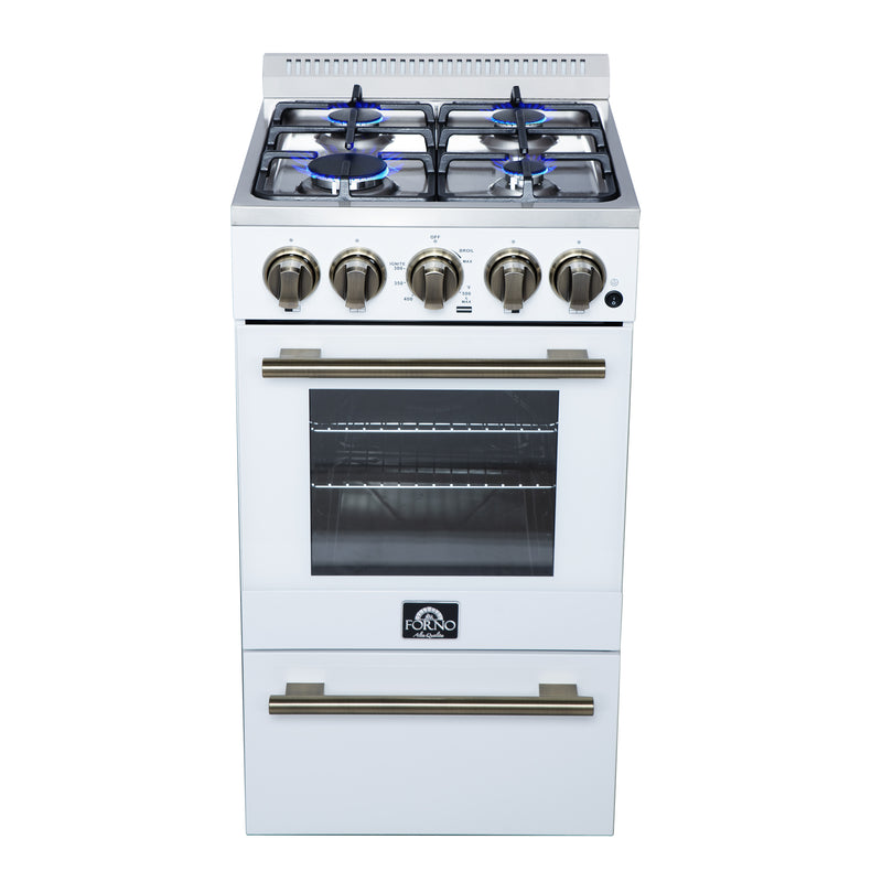 Forno Lamazze 20" Freestanding Gas Range in White, 4 Sealed Burners, Cast-Iron Grates, with Antique Brass Handles, FFSGS6265-20WHT