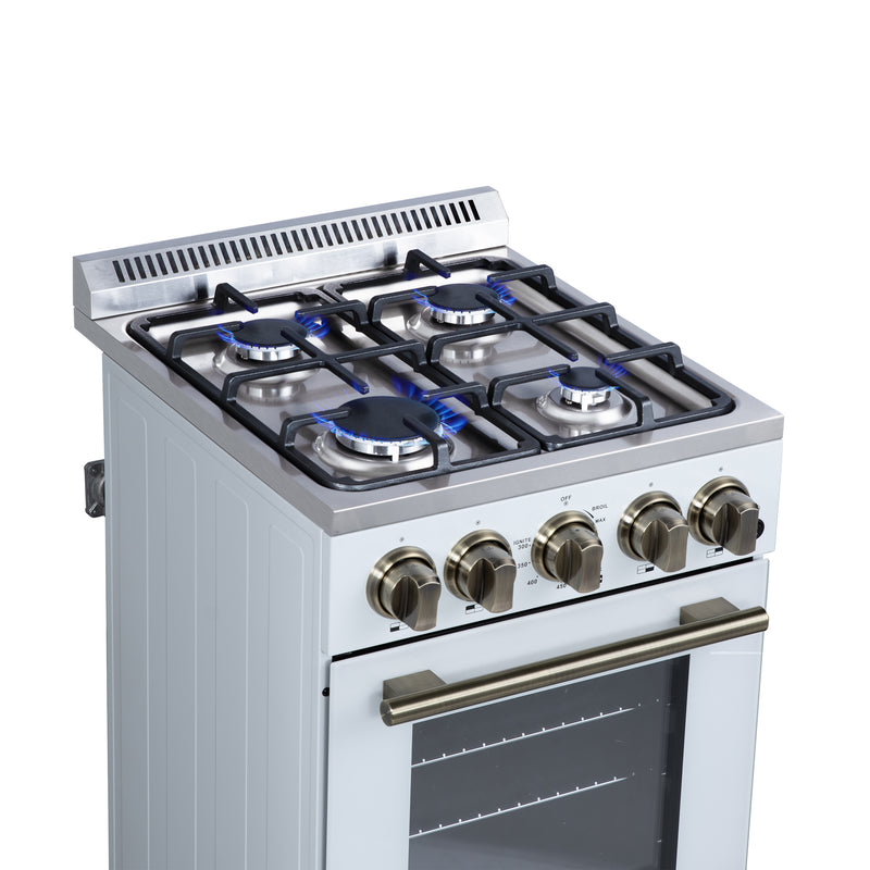 Forno Lamazze 20" Freestanding Gas Range in White, 4 Sealed Burners, Cast-Iron Grates, with Antique Brass Handles, FFSGS6265-20WHT
