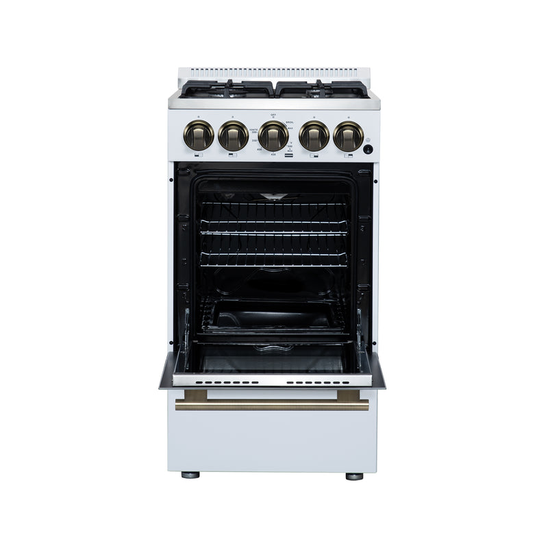 Forno Lamazze 20" Freestanding Gas Range in White, 4 Sealed Burners, Cast-Iron Grates, with Antique Brass Handles, FFSGS6265-20WHT