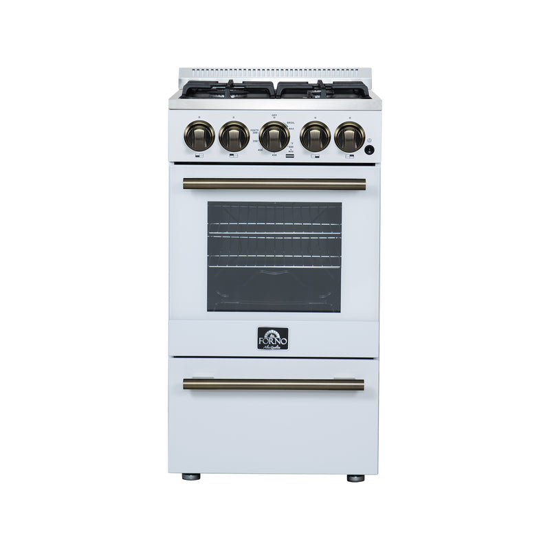 Forno Lamazze 20" Freestanding Gas Range in White, 4 Sealed Burners, Cast-Iron Grates, with Antique Brass Handles, FFSGS6265-20WHT