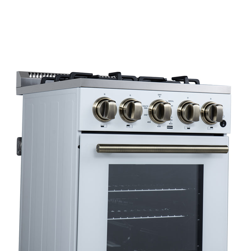 Forno Lamazze 20" Freestanding Gas Range in White, 4 Sealed Burners, Cast-Iron Grates, with Antique Brass Handles, FFSGS6265-20WHT