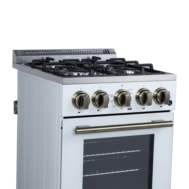 Forno Lamazze 20" Freestanding Gas Range in White, 4 Sealed Burners, Cast-Iron Grates, with Antique Brass Handles, FFSGS6265-20WHT