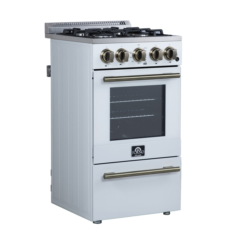 Forno Lamazze 20" Freestanding Gas Range in White, 4 Sealed Burners, Cast-Iron Grates, with Antique Brass Handles, FFSGS6265-20WHT