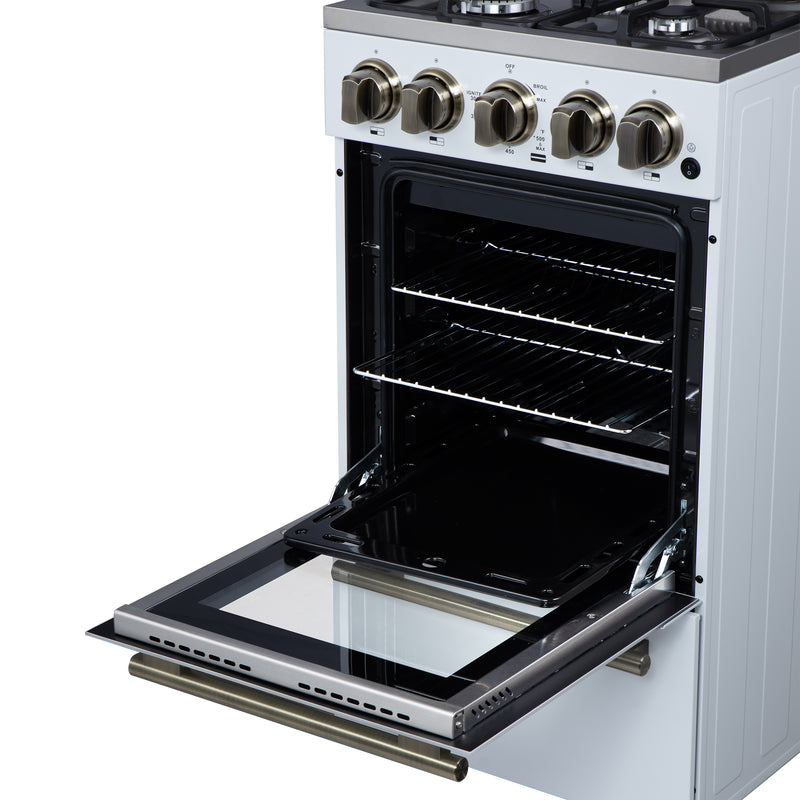 Forno Lamazze 20" Freestanding Gas Range in White, 4 Sealed Burners, Cast-Iron Grates, with Antique Brass Handles, FFSGS6265-20WHT