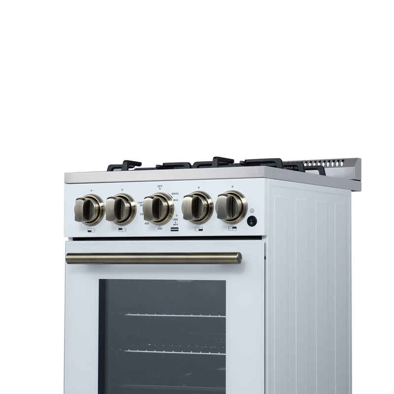 Forno Lamazze 20" Freestanding Gas Range in White, 4 Sealed Burners, Cast-Iron Grates, with Antique Brass Handles, FFSGS6265-20WHT