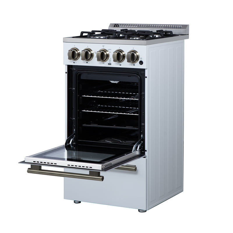 Forno Lamazze 20" Freestanding Gas Range in White, 4 Sealed Burners, Cast-Iron Grates, with Antique Brass Handles, FFSGS6265-20WHT