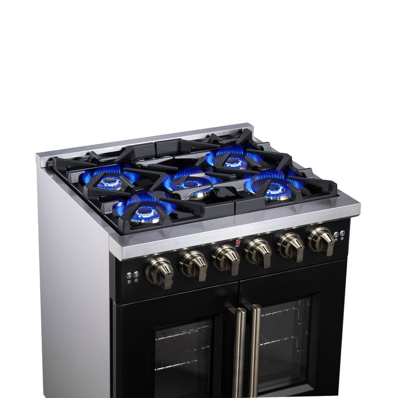 Forno Capriasca 30" 4.32 cu. ft. French Door Gas Range with 5 Brass Burners, Air Fryer Kit, Rotisserie Kit, Wok Support & Griddle in Black with Antique Brass Handles, FFSGS6460-30BLK