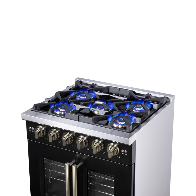 Forno Capriasca 30" 4.32 cu. ft. French Door Gas Range with 5 Brass Burners, Air Fryer Kit, Rotisserie Kit, Wok Support & Griddle in Black with Antique Brass Handles, FFSGS6460-30BLK