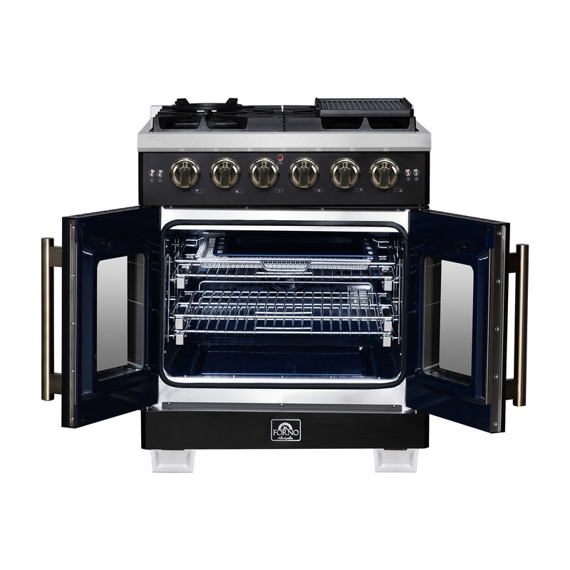 Forno Capriasca 30" 4.32 cu. ft. French Door Gas Range with 5 Brass Burners, Air Fryer Kit, Rotisserie Kit, Wok Support & Griddle in Black with Antique Brass Handles, FFSGS6460-30BLK