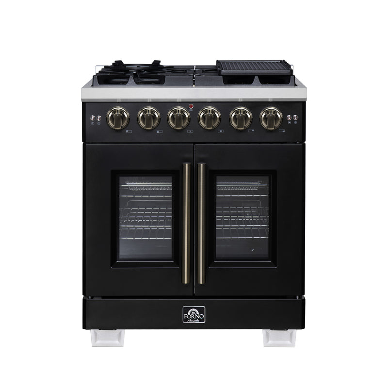Forno Capriasca 30" 4.32 cu. ft. French Door Gas Range with 5 Brass Burners, Air Fryer Kit, Rotisserie Kit, Wok Support & Griddle in Black with Antique Brass Handles, FFSGS6460-30BLK