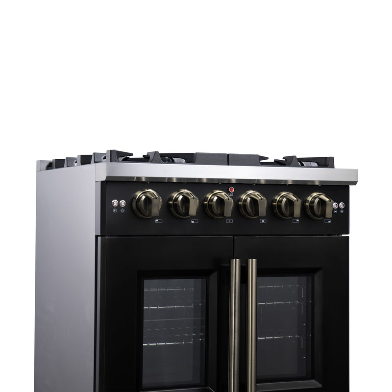 Forno Capriasca 30" 4.32 cu. ft. French Door Gas Range with 5 Brass Burners, Air Fryer Kit, Rotisserie Kit, Wok Support & Griddle in Black with Antique Brass Handles, FFSGS6460-30BLK
