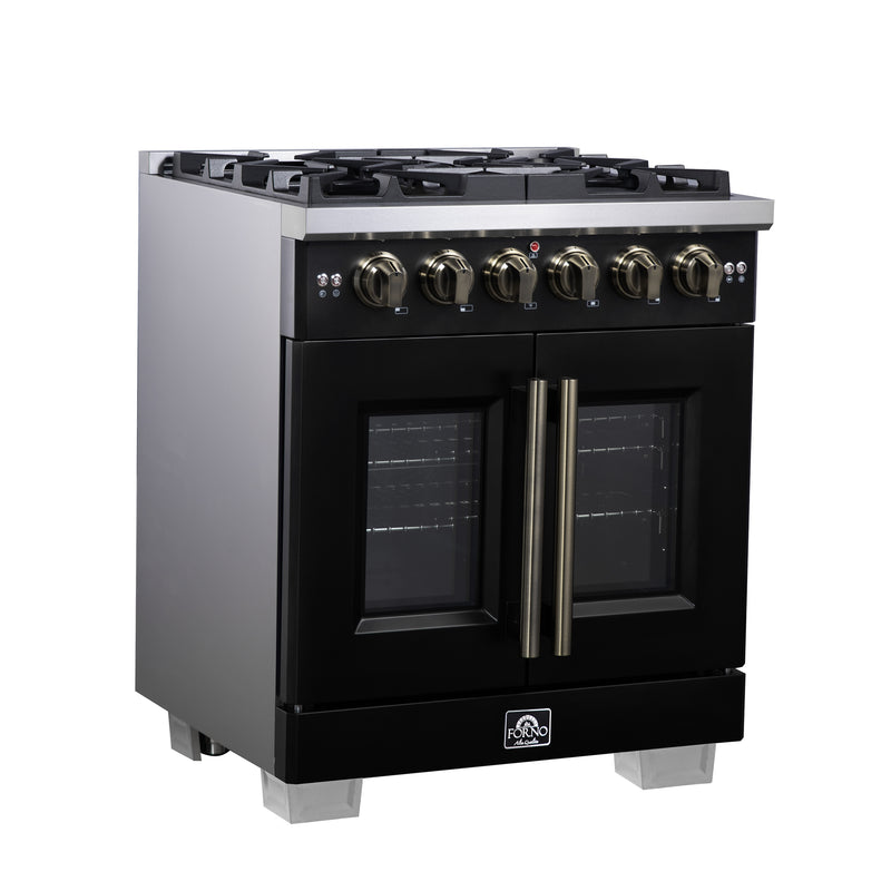 Forno Capriasca 30" 4.32 cu. ft. French Door Gas Range with 5 Brass Burners, Air Fryer Kit, Rotisserie Kit, Wok Support & Griddle in Black with Antique Brass Handles, FFSGS6460-30BLK