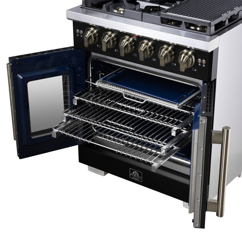 Forno Capriasca 30" 4.32 cu. ft. French Door Gas Range with 5 Brass Burners, Air Fryer Kit, Rotisserie Kit, Wok Support & Griddle in Black with Antique Brass Handles, FFSGS6460-30BLK