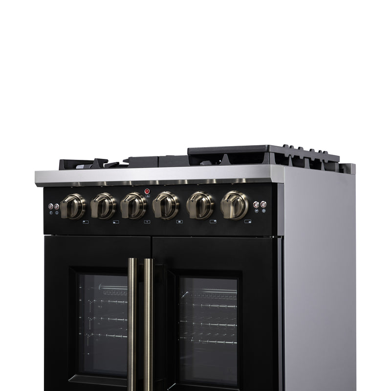Forno Capriasca 30" 4.32 cu. ft. French Door Gas Range with 5 Brass Burners, Air Fryer Kit, Rotisserie Kit, Wok Support & Griddle in Black with Antique Brass Handles, FFSGS6460-30BLK