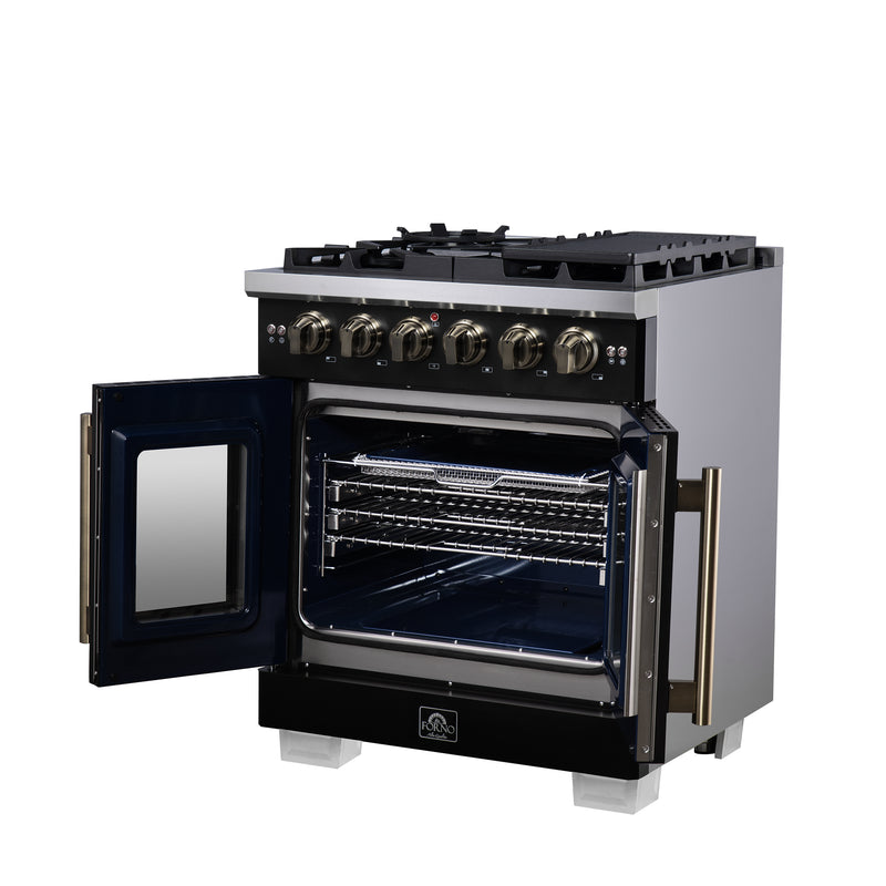 Forno Capriasca 30" 4.32 cu. ft. French Door Gas Range with 5 Brass Burners, Air Fryer Kit, Rotisserie Kit, Wok Support & Griddle in Black with Antique Brass Handles, FFSGS6460-30BLK