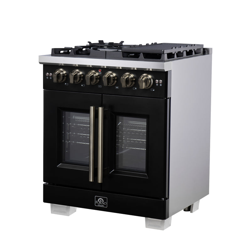 Forno Capriasca 30" 4.32 cu. ft. French Door Gas Range with 5 Brass Burners, Air Fryer Kit, Rotisserie Kit, Wok Support & Griddle in Black with Antique Brass Handles, FFSGS6460-30BLK