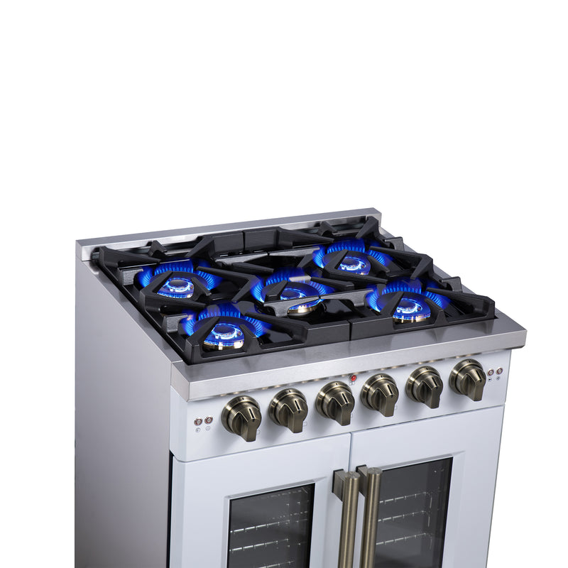 Forno Capriasca 30" Freestanding French Door Gas Range in White, 5 Burners, Brass Burners, FFSGS6460-30WHT