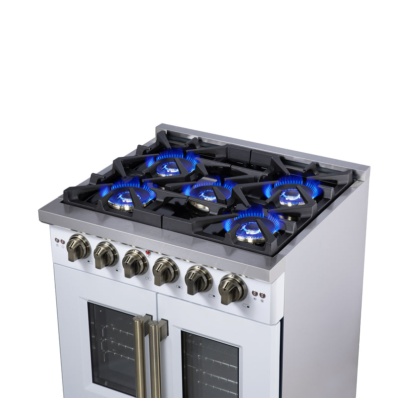 Forno Capriasca 30" Freestanding French Door Gas Range in White, 5 Burners, Brass Burners, FFSGS6460-30WHT