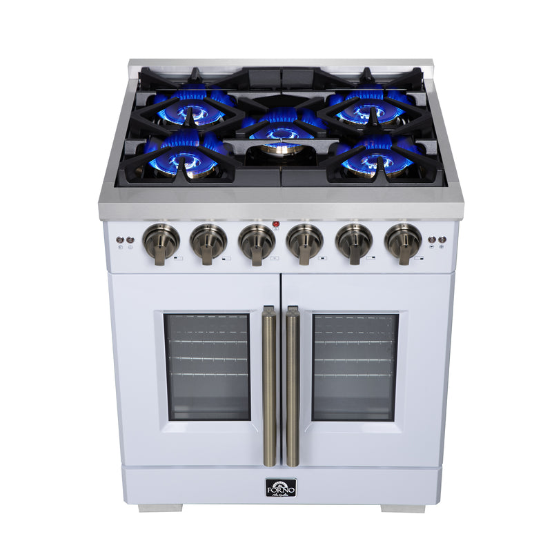 Forno Capriasca 30" Freestanding French Door Gas Range in White, 5 Burners, Brass Burners, FFSGS6460-30WHT