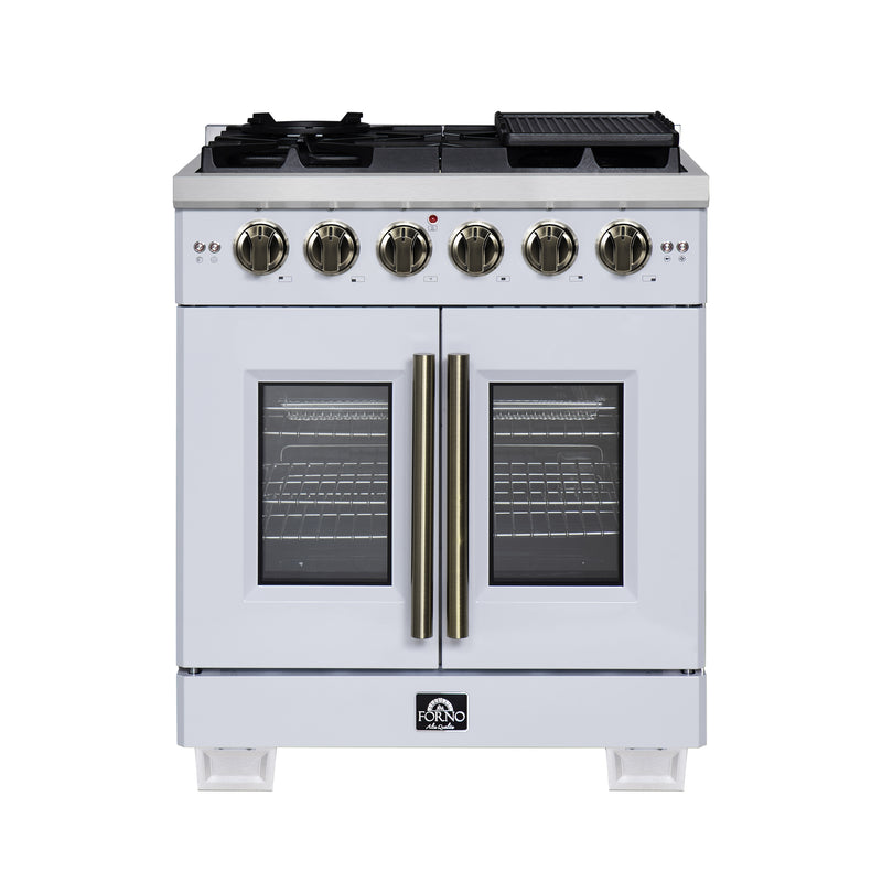 Forno Capriasca 30" Freestanding French Door Gas Range in White, 5 Burners, Brass Burners, FFSGS6460-30WHT
