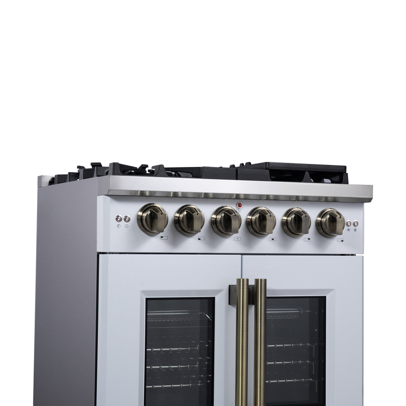 Forno Capriasca 30" Freestanding French Door Gas Range in White, 5 Burners, Brass Burners, FFSGS6460-30WHT