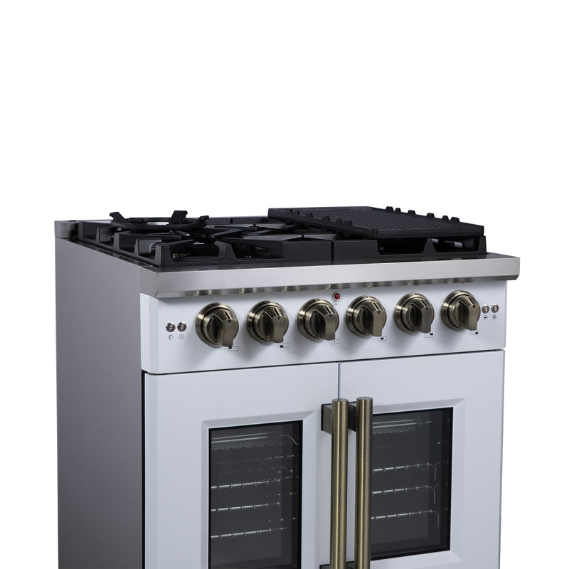 Forno Capriasca 30" Freestanding French Door Gas Range in White, 5 Burners, Brass Burners, FFSGS6460-30WHT