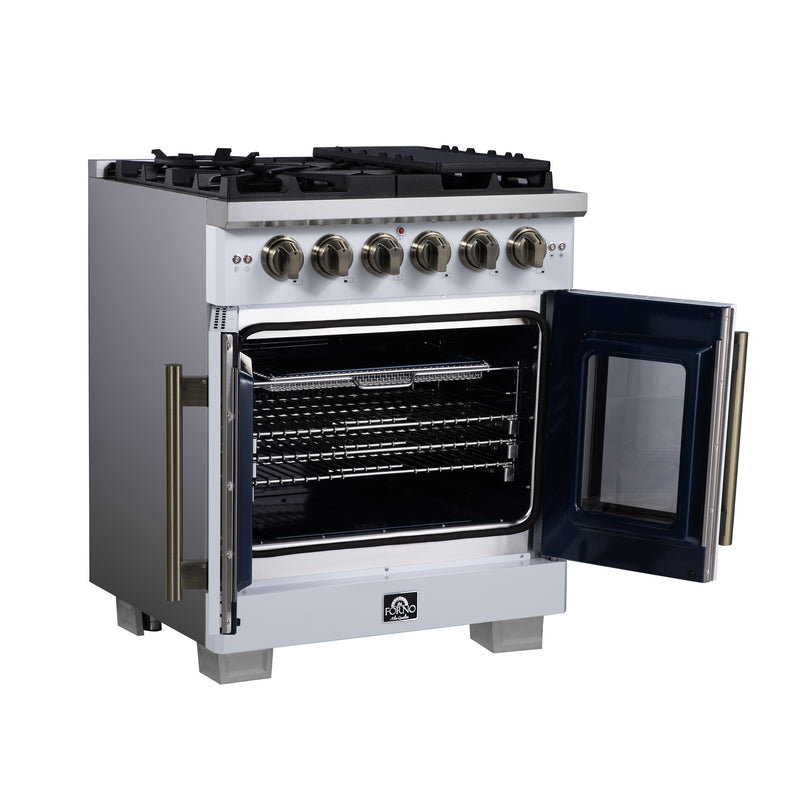 Forno Capriasca 30" Freestanding French Door Gas Range in White, 5 Burners, Brass Burners, FFSGS6460-30WHT