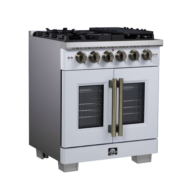 Forno Capriasca 30" Freestanding French Door Gas Range in White, 5 Burners, Brass Burners, FFSGS6460-30WHT