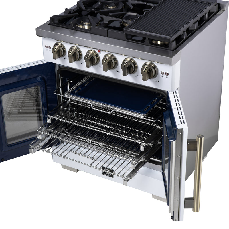 Forno Capriasca 30" Freestanding French Door Gas Range in White, 5 Burners, Brass Burners, FFSGS6460-30WHT