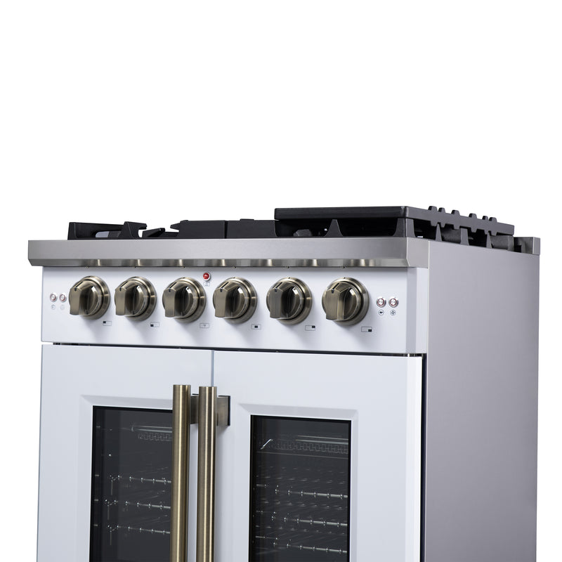 Forno Capriasca 30" Freestanding French Door Gas Range in White, 5 Burners, Brass Burners, FFSGS6460-30WHT