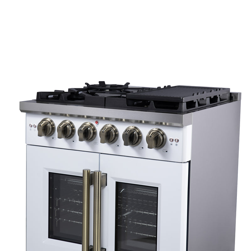 Forno Capriasca 30" Freestanding French Door Gas Range in White, 5 Burners, Brass Burners, FFSGS6460-30WHT