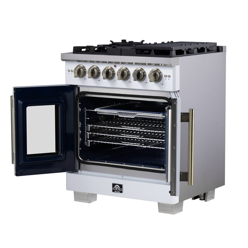 Forno Capriasca 30" Freestanding French Door Gas Range in White, 5 Burners, Brass Burners, FFSGS6460-30WHT