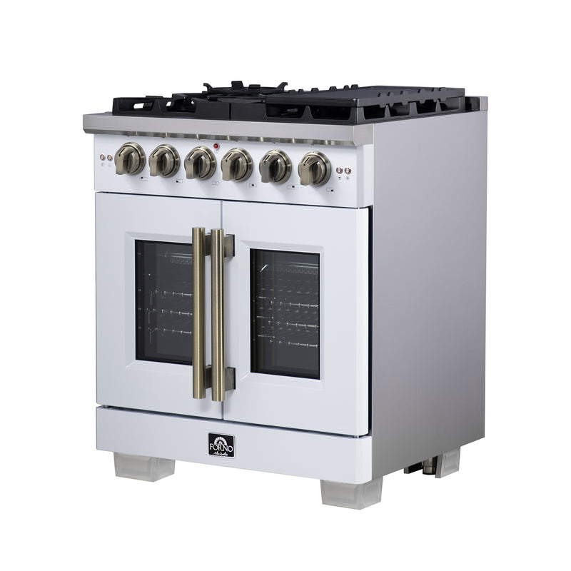 Forno Capriasca 30" Freestanding French Door Gas Range in White, 5 Burners, Brass Burners, FFSGS6460-30WHT