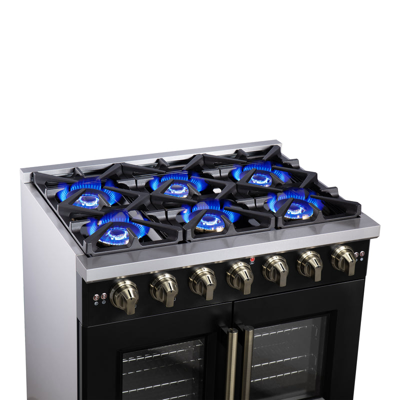 Forno Capriasca 36" Freestanding French Door Gas Range in Black, 6 Burners, Brass Burners, FFSGS6460-36BLK