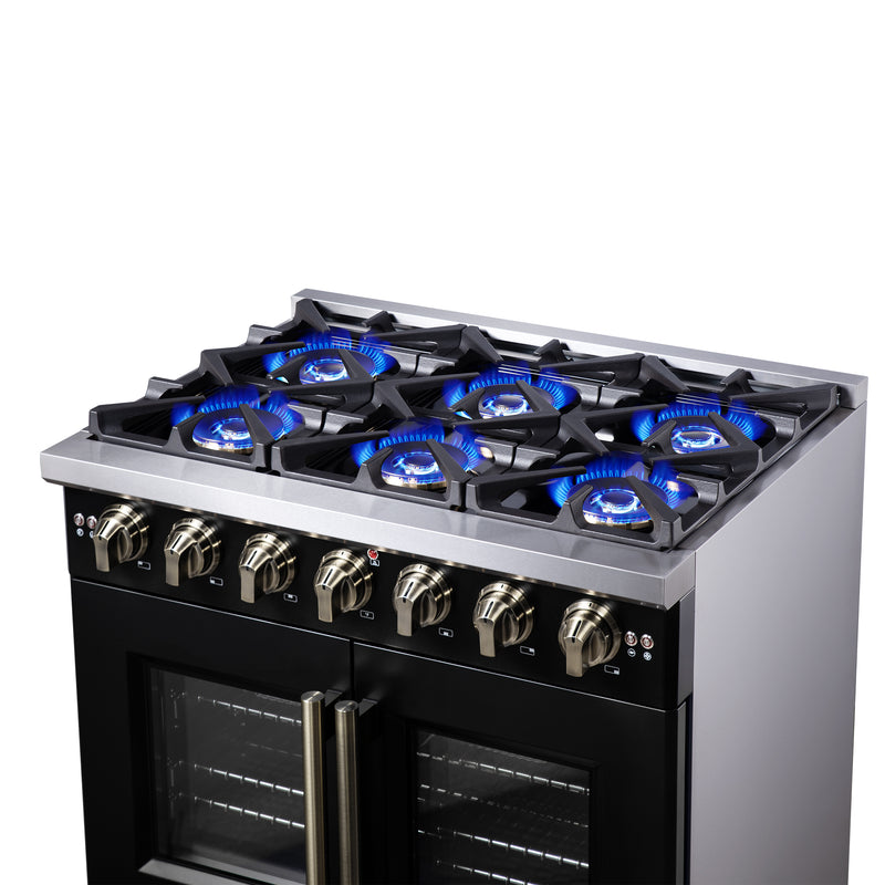 Forno Capriasca 36" Freestanding French Door Gas Range in Black, 6 Burners, Brass Burners, FFSGS6460-36BLK