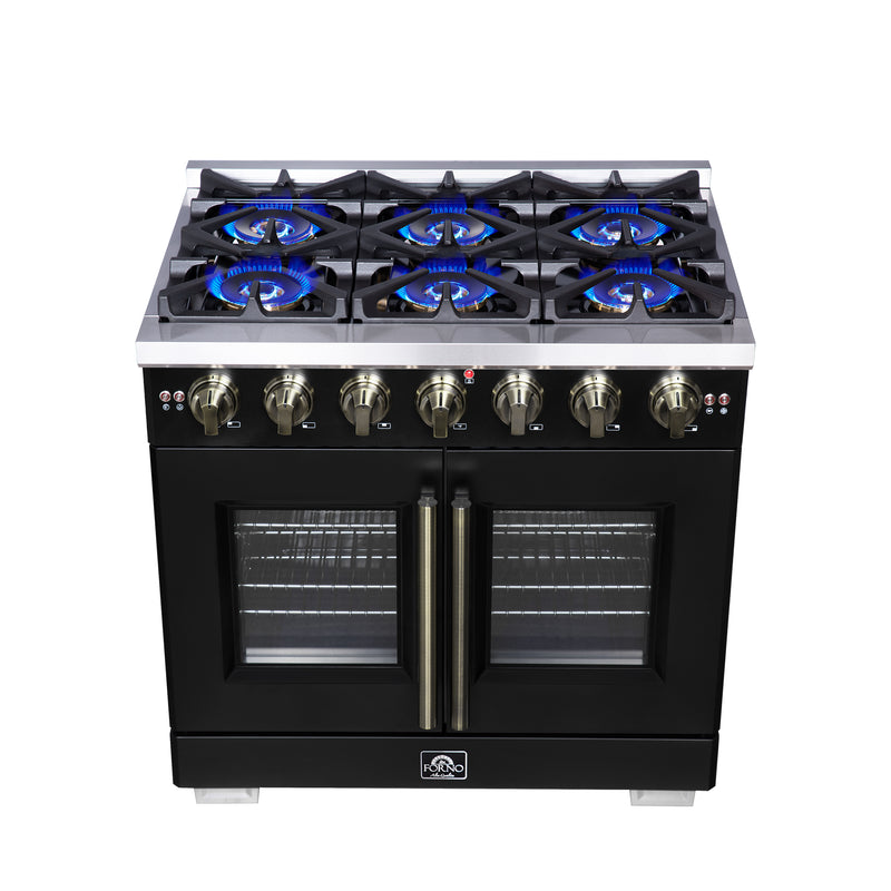 Forno Capriasca 36" Freestanding French Door Gas Range in Black, 6 Burners, Brass Burners, FFSGS6460-36BLK