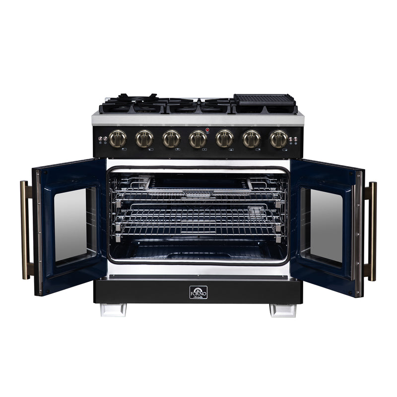 Forno Capriasca 36" Freestanding French Door Gas Range in Black, 6 Burners, Brass Burners, FFSGS6460-36BLK